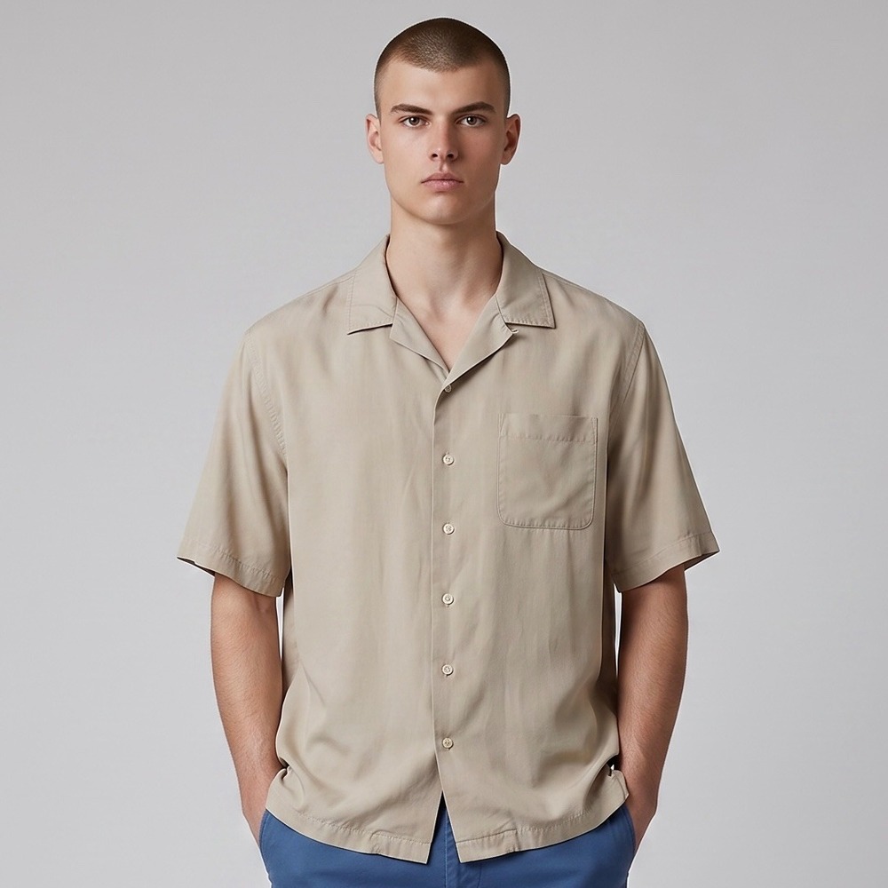 Vintage Polo Ralph Lauren Caldwell Shirt Mens L Tan Silk Cotton Camp Collar
